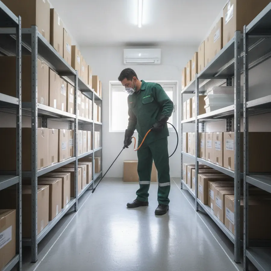 Técnico aplicando tratamiento en un depósito