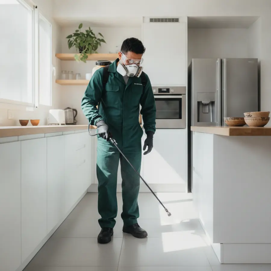 Técnico fumigando con equipo de protección en una cocina